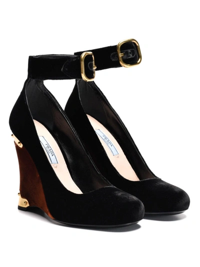 Shop Prada Two-tone Velvet Wedge Pumps In Black