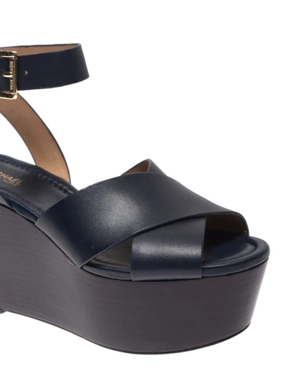 Shop Michael Kors Abbott Dark Blue Leather Wedge Sandals