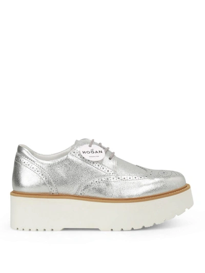 Shop Hogan H355 Metallic Leather Derby Shoes In Silver
