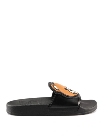 Shop Moschino Teddy Bear Detail Leather Slide Sandals In Black