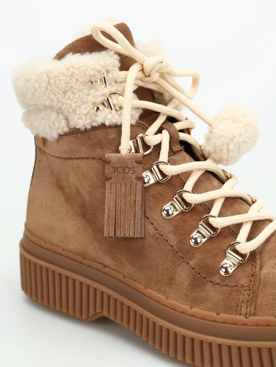 Shop Tod's Beige Suede And Shearling Booties