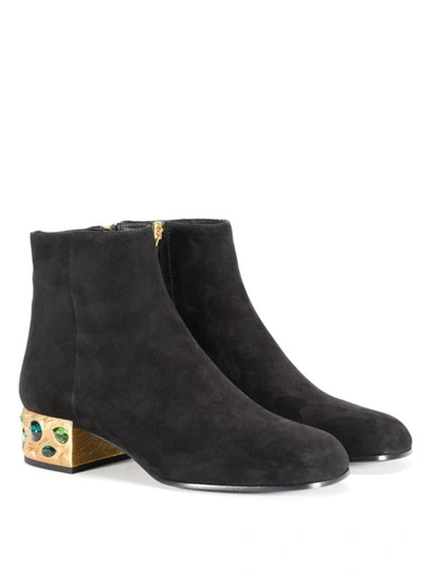 Shop Prada Jewel Heel Suede Ankle Boots In Black