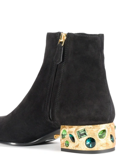 Shop Prada Jewel Heel Suede Ankle Boots In Black