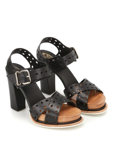 Shop Tod's Black Drilled Leather Heel Sandals