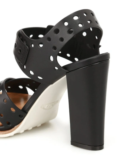 Shop Tod's Black Drilled Leather Heel Sandals