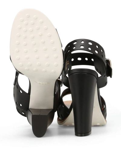 Shop Tod's Black Drilled Leather Heel Sandals