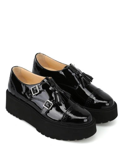 Shop Hogan H355 Wedge Patent Leather Monk Strap Shoes In Black