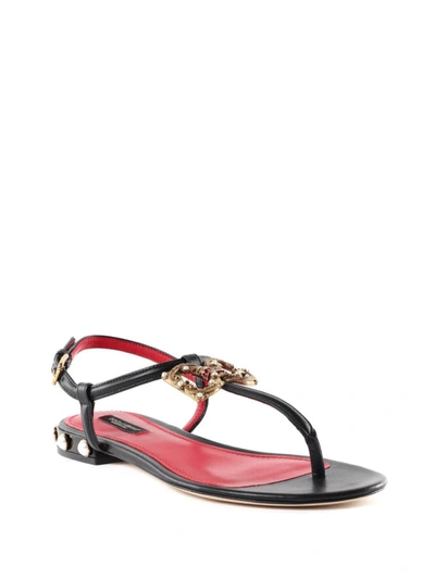 Shop Dolce & Gabbana Dg Amore Leather Thong Sandals In Black