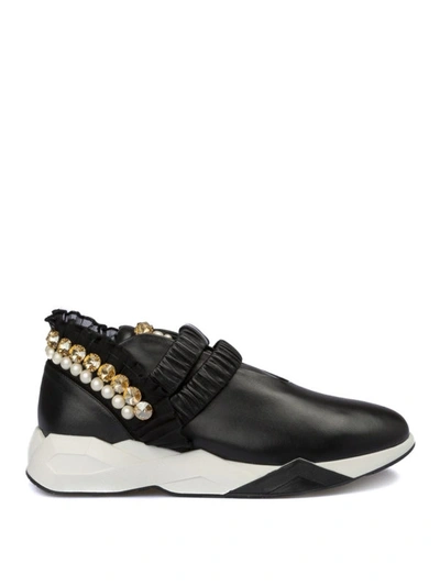 Shop Loriblu Pearl Embellished Leather Slip On Sneakers In Black