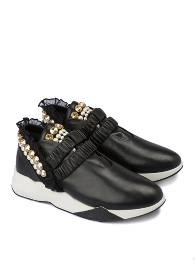 Shop Loriblu Pearl Embellished Leather Slip On Sneakers In Black