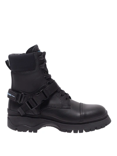 Shop Prada Buckle Strap Calf Leather Ankle Boots In Black