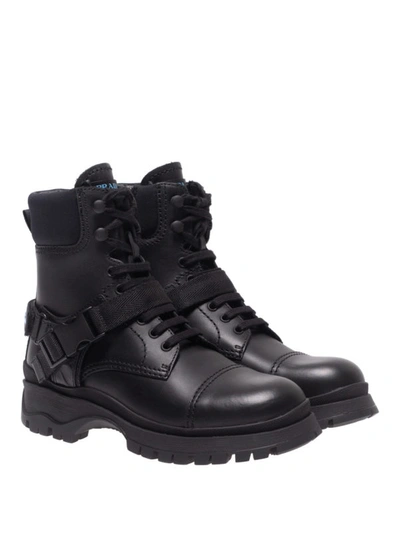 Shop Prada Buckle Strap Calf Leather Ankle Boots In Black