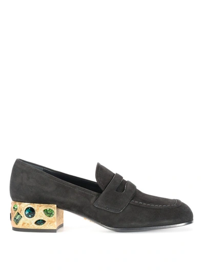 Shop Prada Jewel Heel Suede Court Shoes In Black