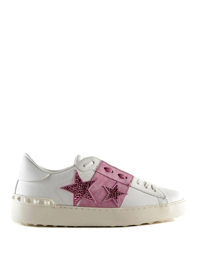 Shop Valentino Open Pink Suede Band Sneakers In White