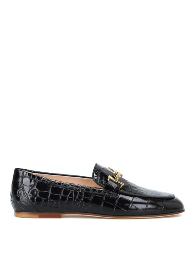 Shop Tod's Double T Croco Print Leather Loafers In Black