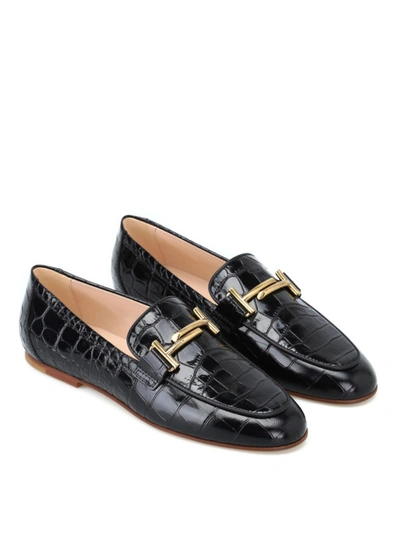 Shop Tod's Double T Croco Print Leather Loafers In Black