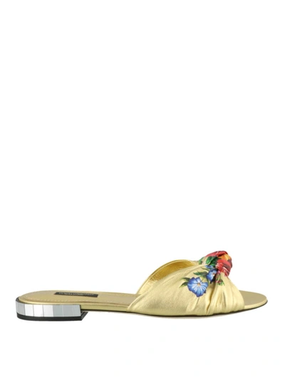 Shop Dolce & Gabbana Floral Print Leather Slide Sandals In Gold