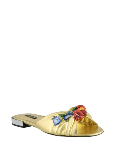 Shop Dolce & Gabbana Floral Print Leather Slide Sandals In Gold