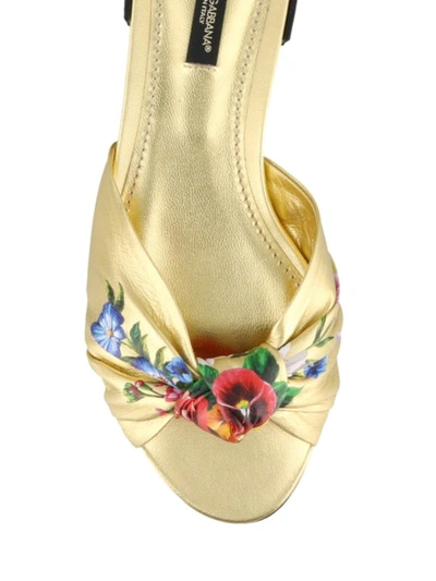 Shop Dolce & Gabbana Floral Print Leather Slide Sandals In Gold
