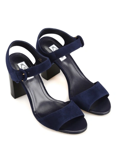 Shop Tod's Block Heel Midnight Blue Suede Sandals In Dark Blue