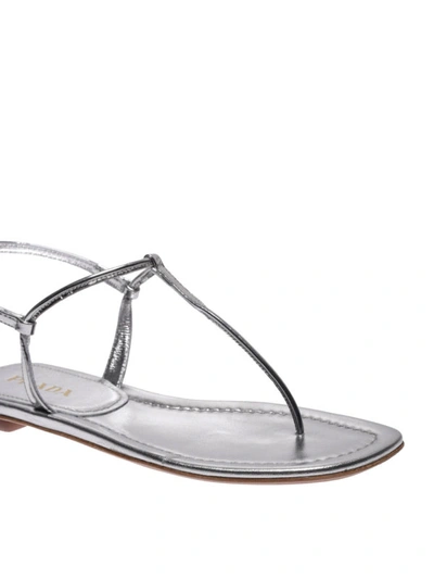 Shop Prada Silver Laminated Leather Flat Sandals