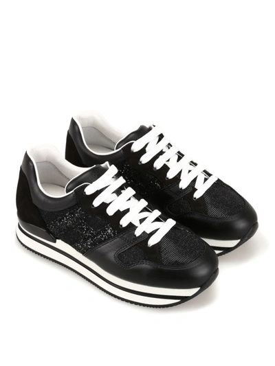 Shop Hogan H222 Leather And Glitter Fabric Sneakers In Black