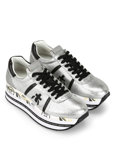 Shop Premiata Beth Silver Leather And Fabric Sneakers