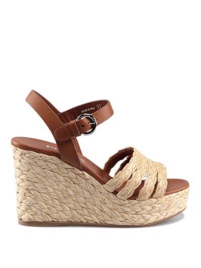 Shop Prada Leather And Raffia Wedge Sandals In Brown