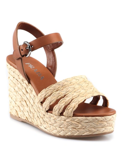 Shop Prada Leather And Raffia Wedge Sandals In Brown