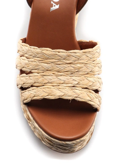 Shop Prada Leather And Raffia Wedge Sandals In Brown