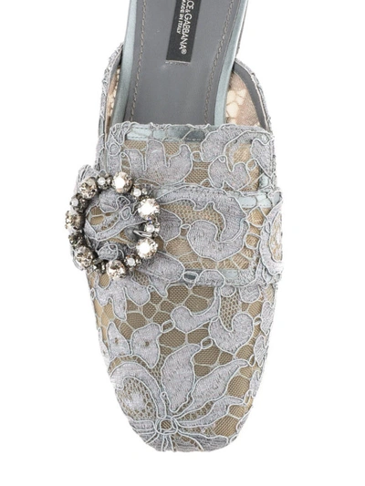 Shop Dolce & Gabbana Jewel Buckle Grey Lace Mules