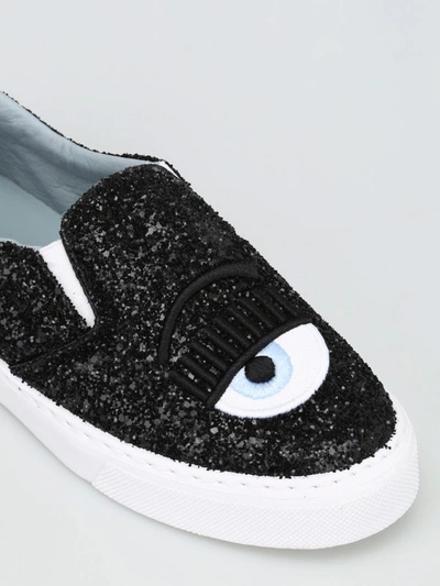 Shop Chiara Ferragni Flirting Black Glitter Slip On Sneakers