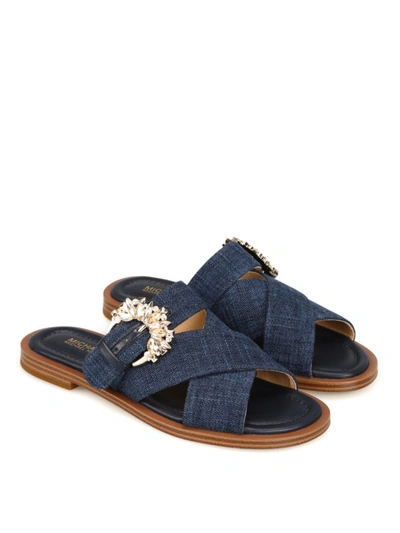 Shop Michael Kors Frieda Denim Slide Sandals In Dark Wash