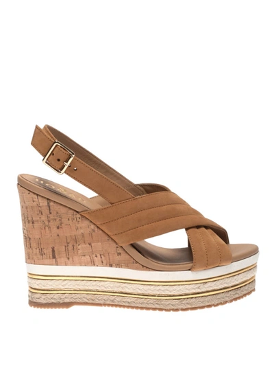 Shop Hogan Tan Suede Crisscross Wedge Sandals In Light Brown