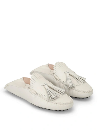 Shop Tod's White Leather Tasselled Slippers