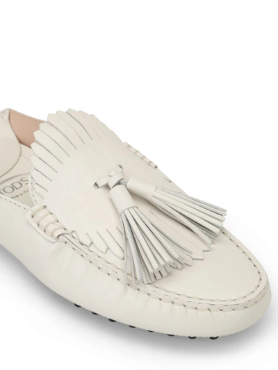 Shop Tod's White Leather Tasselled Slippers