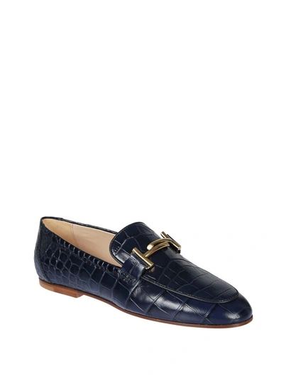 Shop Tod's Gommini Double T Reptile Print Blue Loafers In Dark Blue