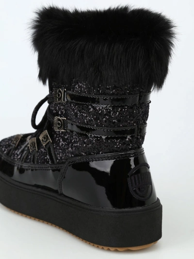 Shop Chiara Ferragni Glittered Patent Leather Snow Boots With Fur In Black
