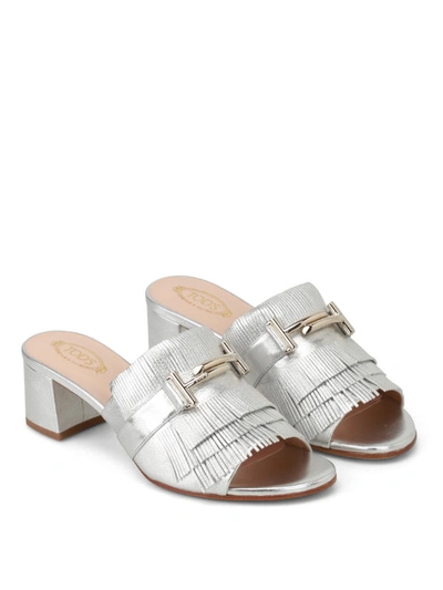 Shop Tod's Double T Silver Leather Sandals