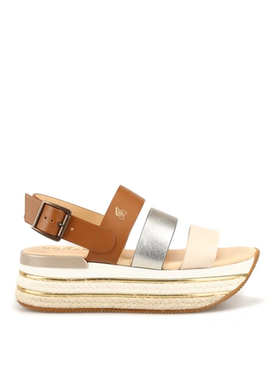 Shop Hogan Three Contrasting Band Wedge Sandals In Light Brown