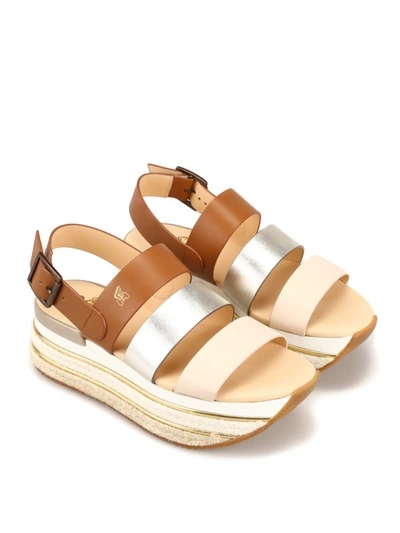 Shop Hogan Three Contrasting Band Wedge Sandals In Light Brown