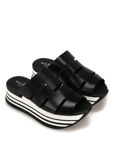 Shop Hogan Black Leather Maxi Platform Slide Sandals