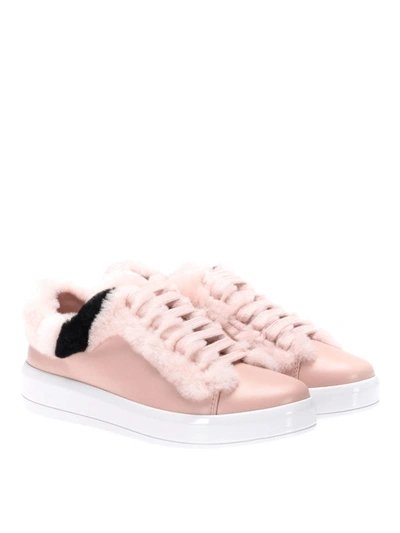 Shop Prada Fur Detailed Soft Leather Sneakers In Light Pink