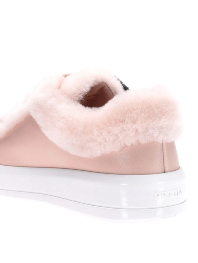 Shop Prada Fur Detailed Soft Leather Sneakers In Light Pink