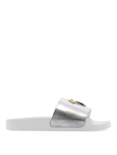 Shop Giuseppe Zanotti Laminated Leather Slides With Signature In Silver