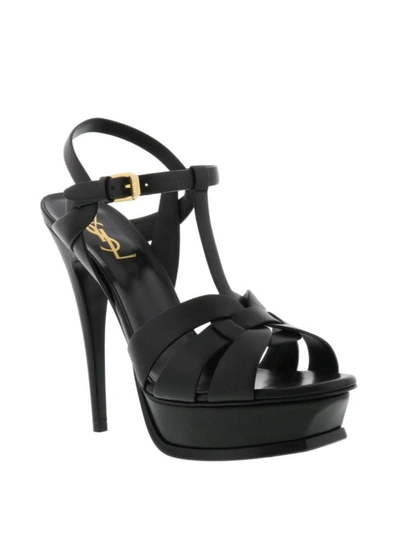 Shop Saint Laurent Black Tribute Leather Heeled Sandals