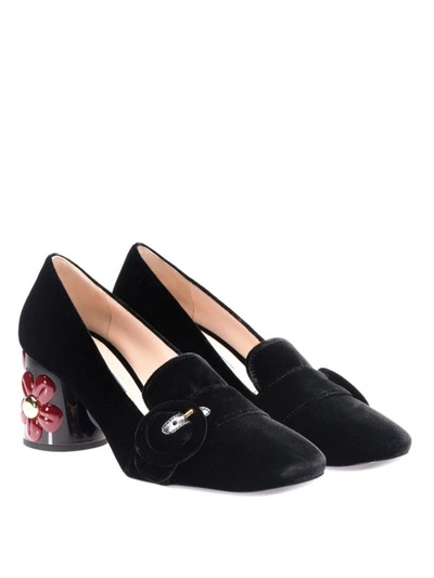 Shop Prada Embellished Heel Velvet Pumps In Black
