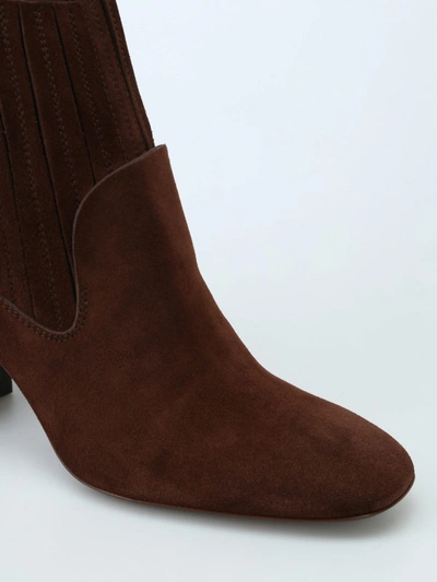 Shop Tod's Elastic Ankle Slip-on Suede Heeled Booties In Dark Brown