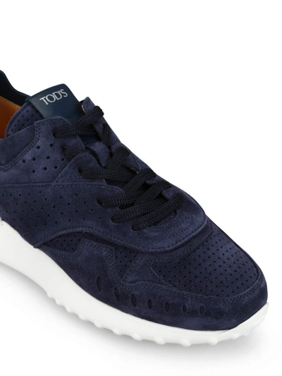 Shop Tod's Navy Perforated Suede Running Sneakers In Blue
