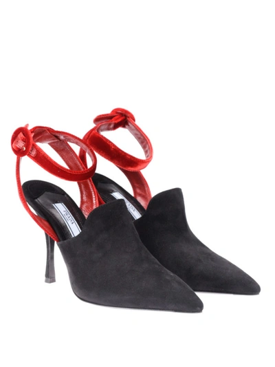 Shop Prada Suede Mules With Velvet Strap In Black